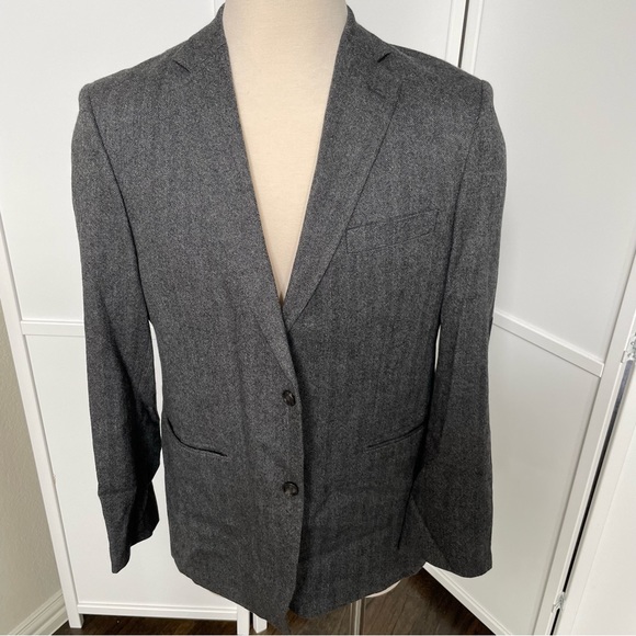 Filafil Platinum Men Gray Herringbone Blazer Wool Silk Cashmere 42R Elbow Patch - Picture 1 of 12
